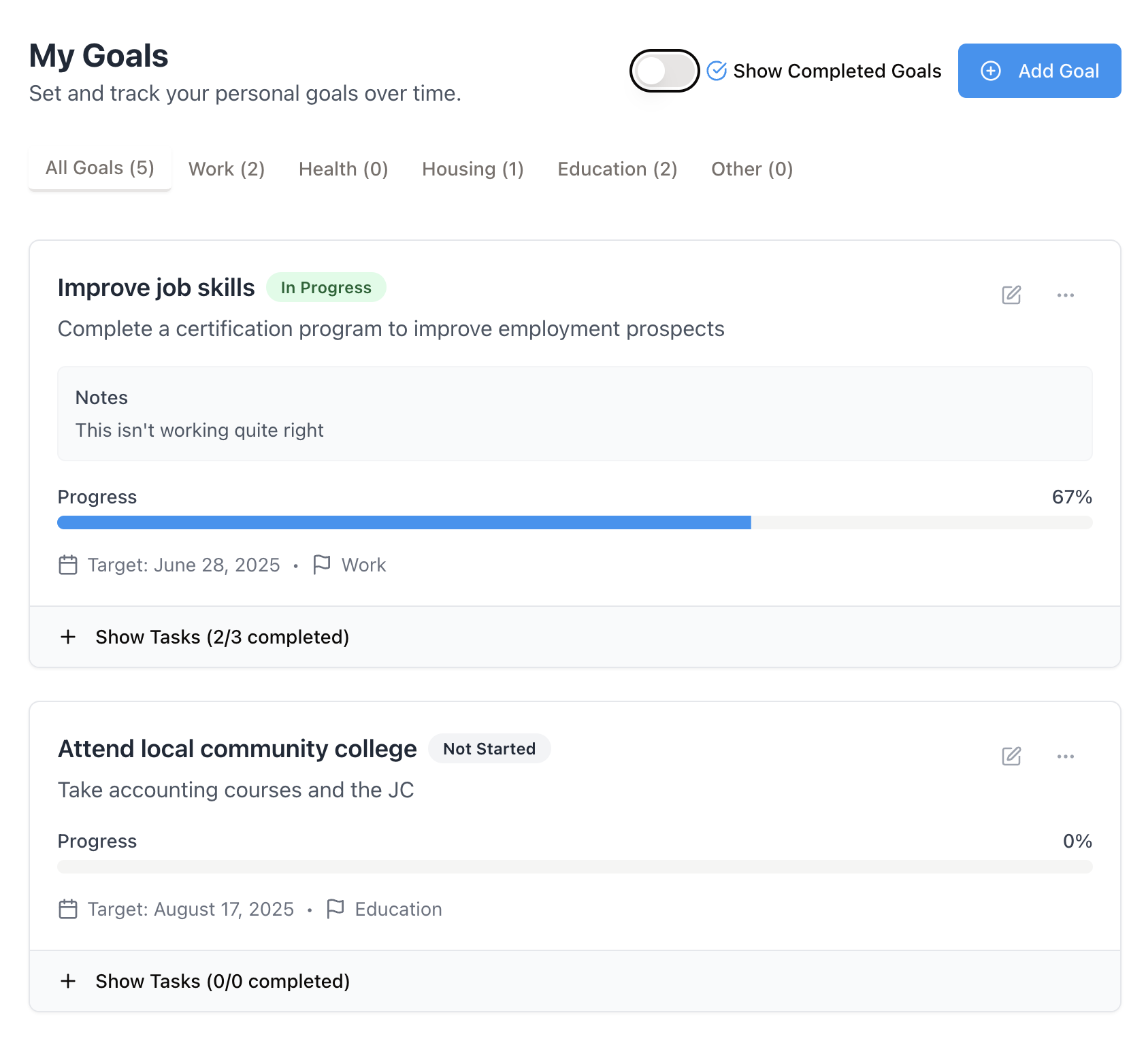 User setting and tracking personal goals like employment or education