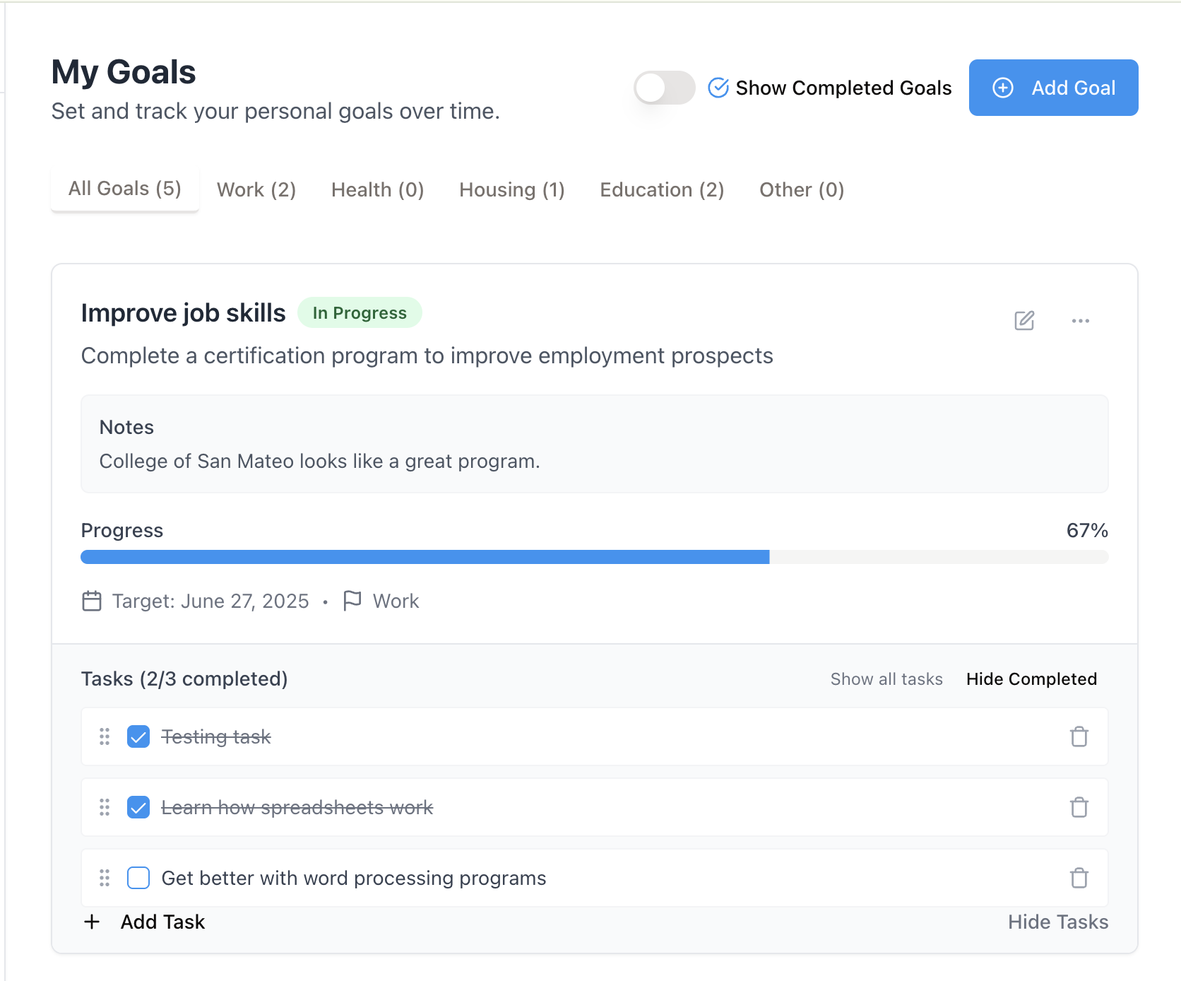 User setting goals and marking tasks complete in the LifePath Portal