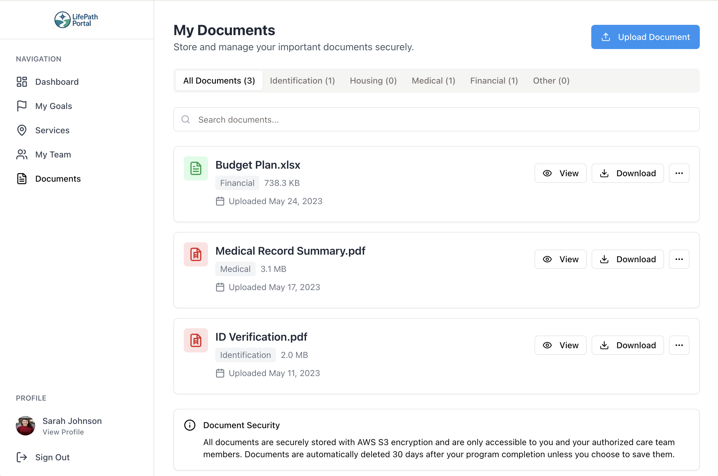User uploading and managing important documents in the portal