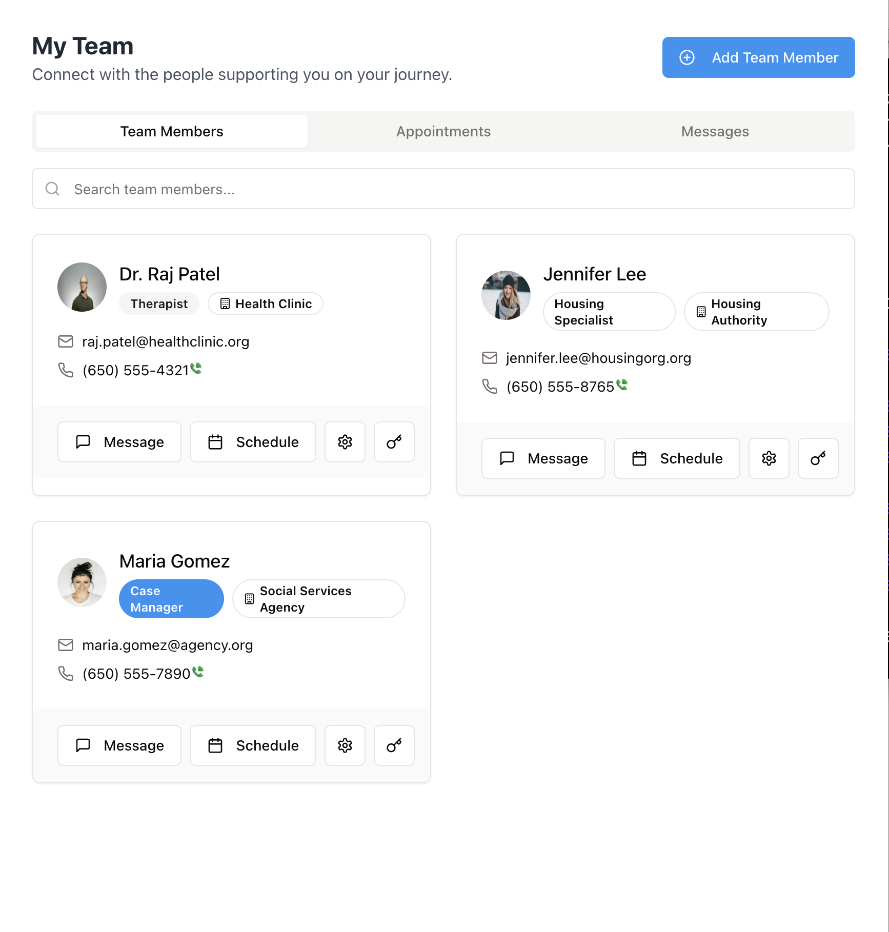 List of case managers, counselors, and providers supporting the user